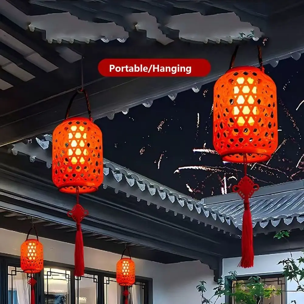 

Hanging Tree Solar Red Lantern With Chinese knot ABS Imitation Bamboo Lantern Atmosphere Retro Spring Festival Red Lantern