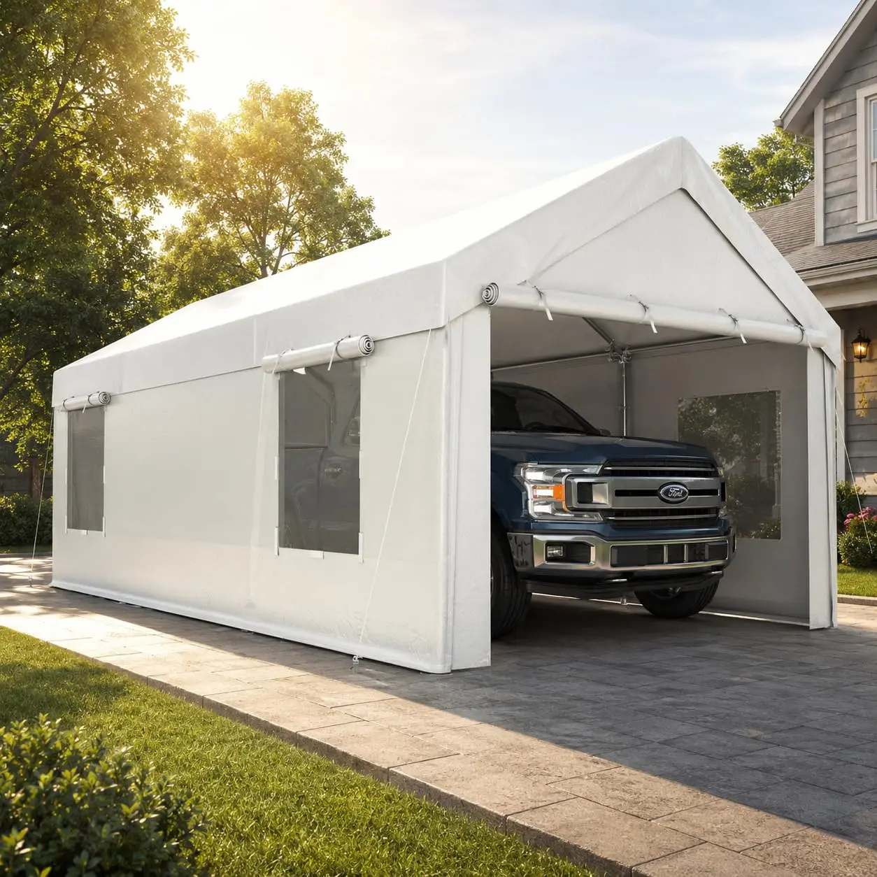 10x20 ft Carport, Heavy Duty Carport with Roll-up Windows, Portable Garage with Removable Sidewalls & Doors, Car Canopy