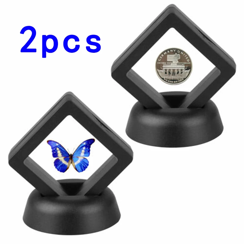 Stand Box Display Holder 2pcs Exhibiting medals Stamps Medals Casino chips Plastic Black 50*50 mm Gold/Silver Coins