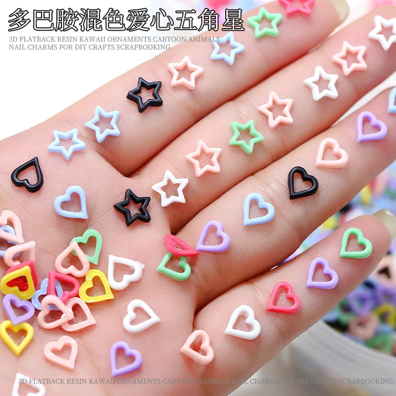 100PCS Mix Colorful Dopamine Hollow Love Heart Pentagram Stars Resin Nail Art Rhinestones Decorations Manicure Ornaments