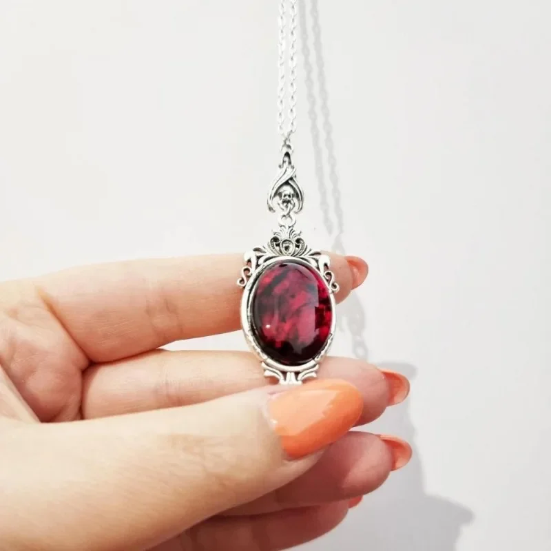 Goth Victoria Sliver Color Vampire Bat Oval Lacework Blood Red Glass Crystal Pendant Necklace for Women Halloween Witch Jewelry