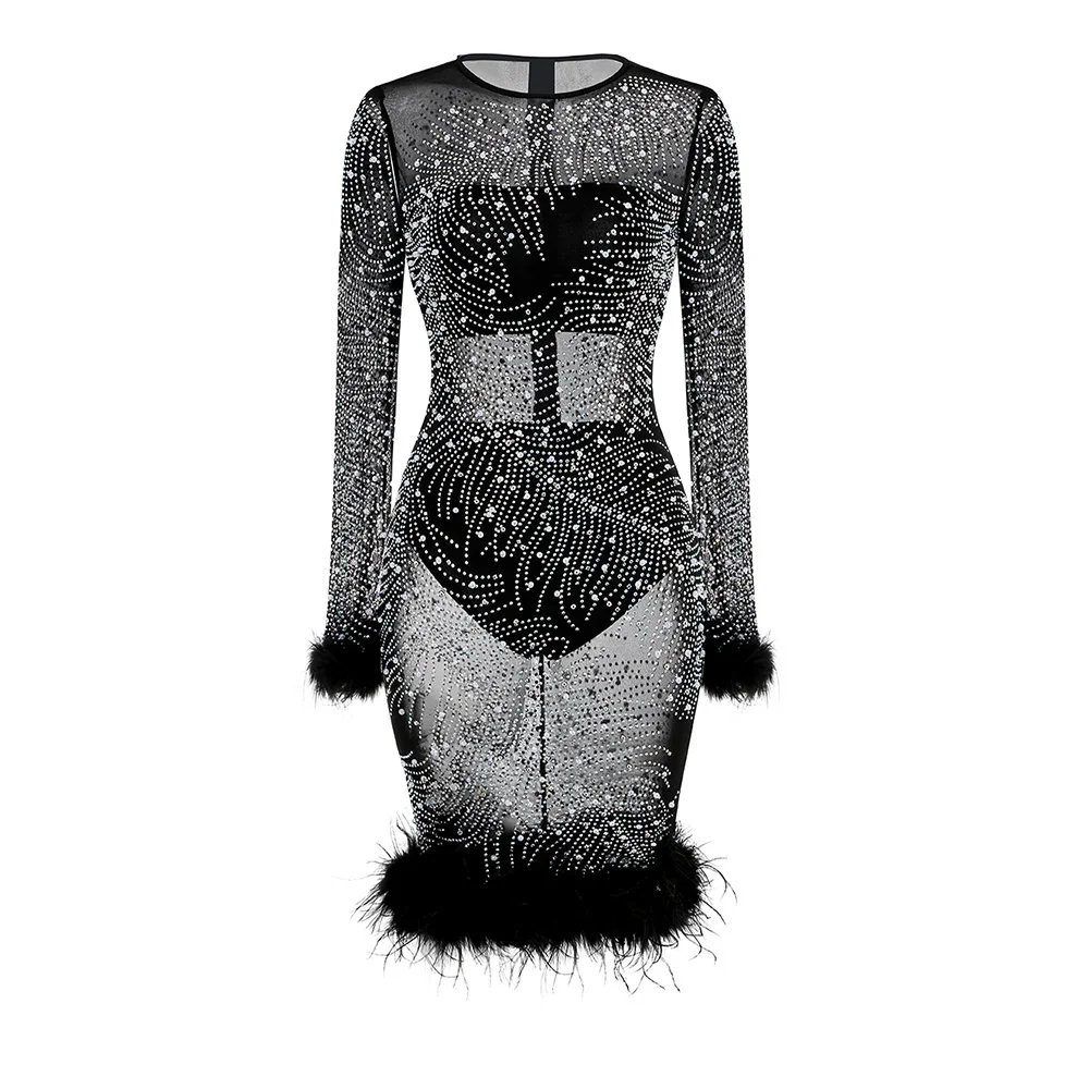 

Женская облегающая мини-юбка со стразами и меховым подолом, с длинным рукавом, черная мини-юбка с круглым вырезом на бедрах, элегантное мини-платье Vestidos de Fiesta