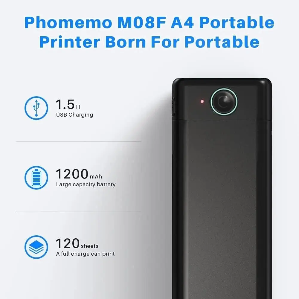 Mini Phomemo M08F Portable Printer Bluetuth Thermal Printer Compatible with Android, iOS & Laptop Portable Wireless A4 Printers