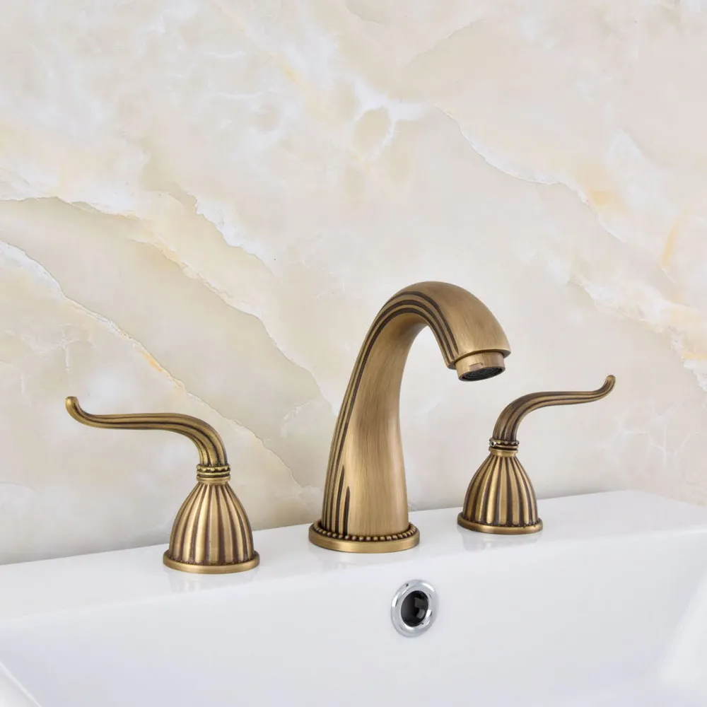 

Antique Brass Bath Sink Faucet Double Handle Basin Sink Faucet Hot and Cold Water Mixer 3 Hole Bathroom Faucet tsf631