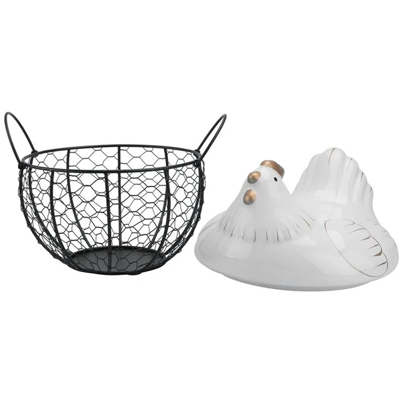 Ceramic Iron Chicken Egg Basket Holder Snack Fruit Sundries Storage Box Hen Ornaments Container Organizer Rack