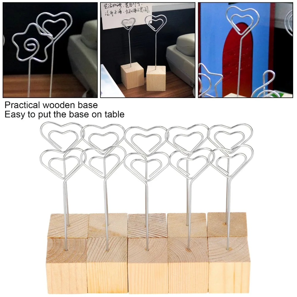 10Pcs Solid Wood Base Photo Holder Heart Shape Iron Message Holder Clip Durable Clip 2.9cm Width Picture Clip Stand Office Use