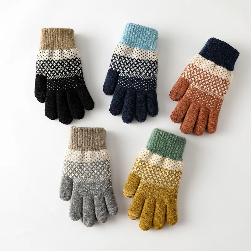Autumn Winter Mne Women Keep Warm Touch Screen Knit Gloves Fashion Splicing color Elastic soft Cycling Drive thicken Windproof