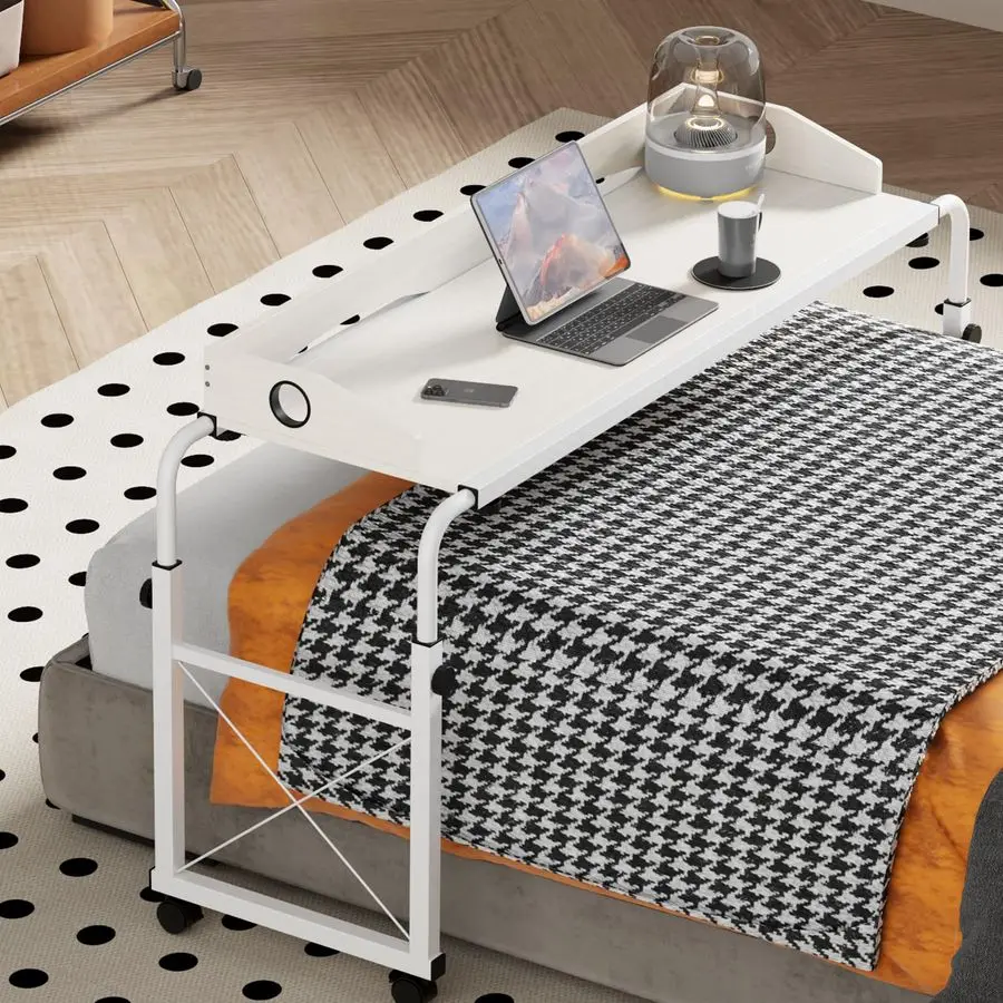 Table with Wheels, Overbed Desk with Adjustable Length and Height, Rolling Over Bed Desk, King Queen Over The Bed Table on Wheel