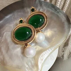 Brass Retro Green Stone Shell Pearl Earrings Women Jewelry Punk Party T Show Gown Runway Trendy Korean Japan Style INS