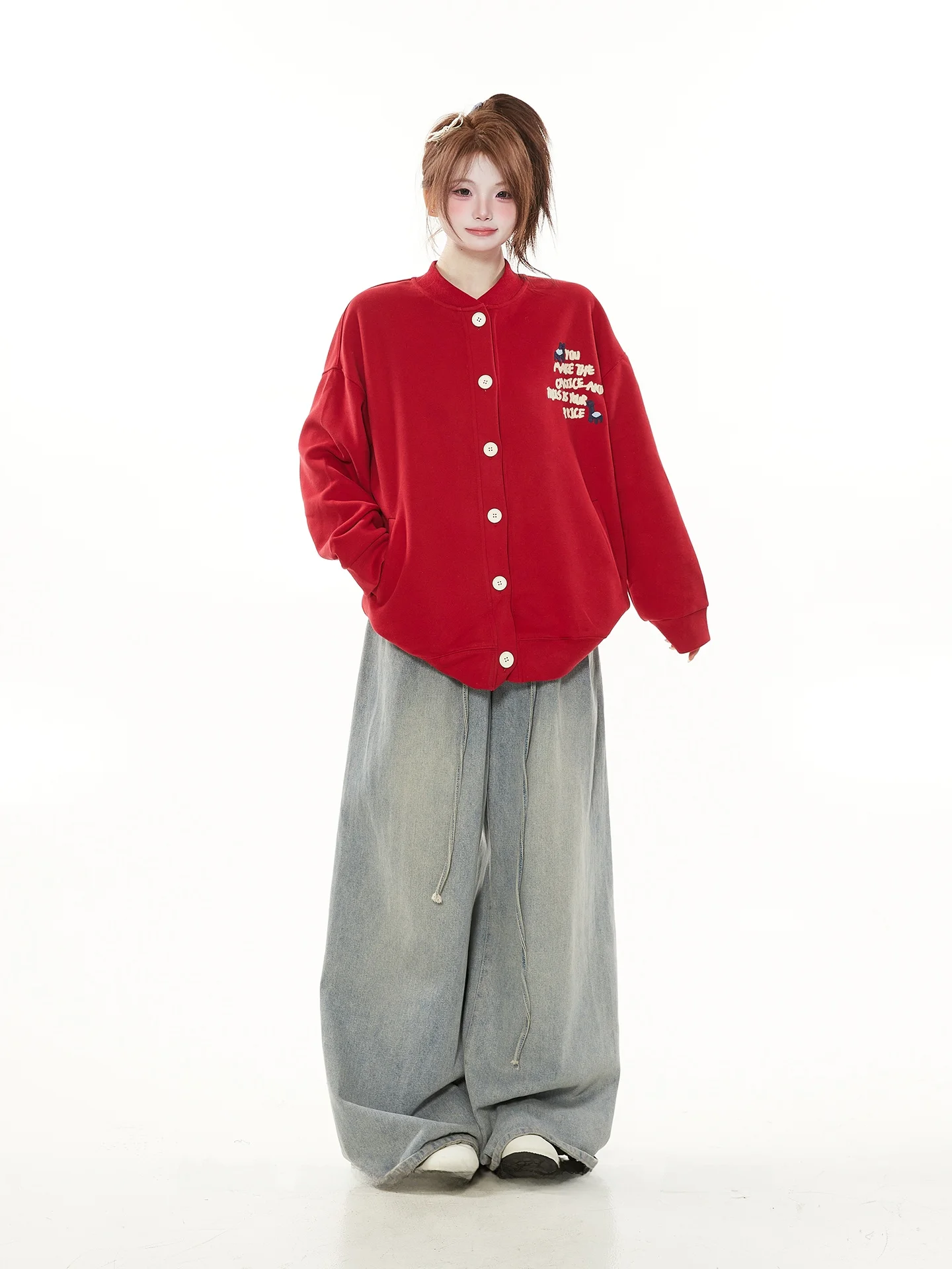 

New Year Red Letter Towel Embroidery Baseball Collar Sweatirt Open Cardigan Women Spring Autumn Thin Loose Design Korean St...