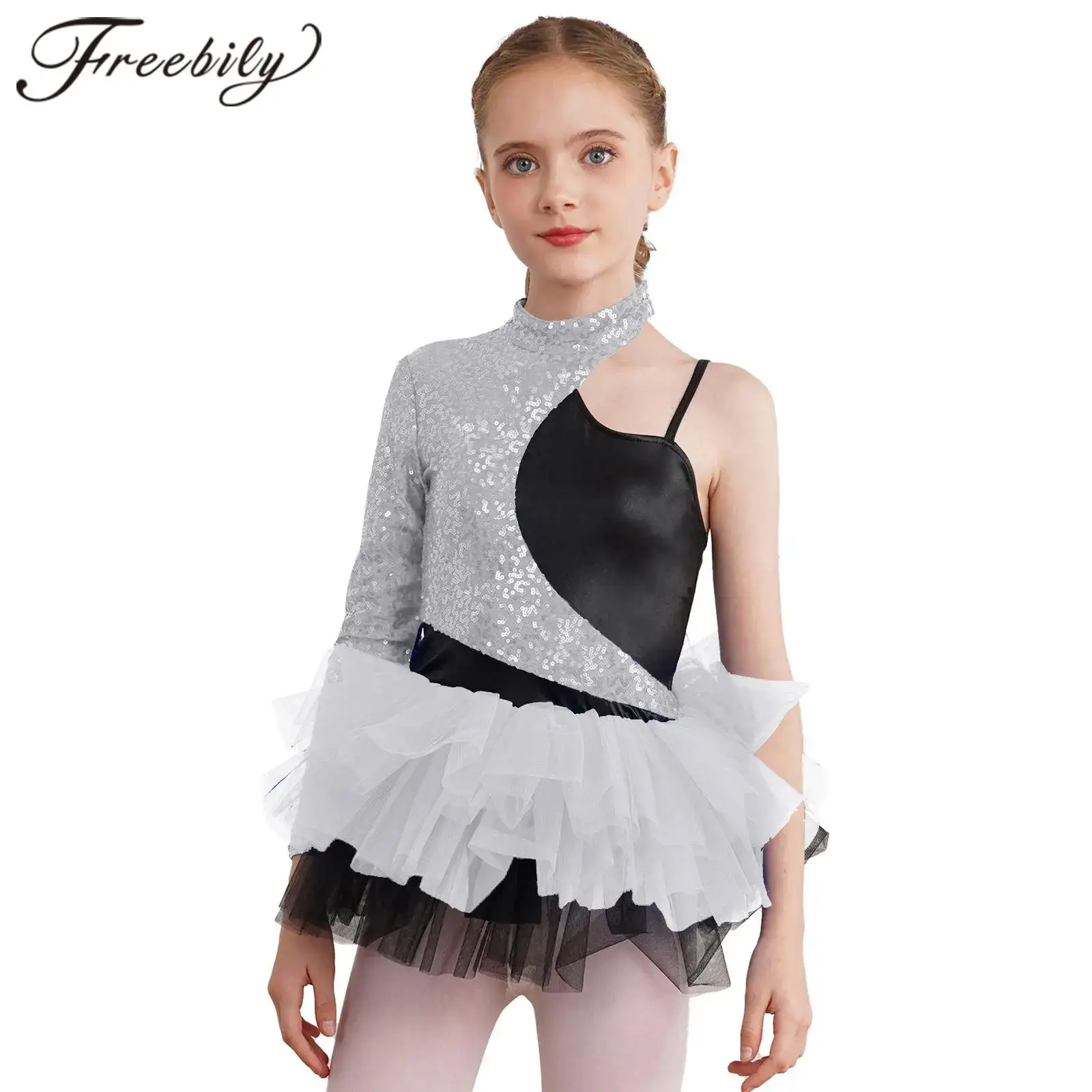 

Kids Girls Shiny Sequins Gymnastics Leotard Dress Cheerleading Uniform Tulle Skirt Children Jazz Dance Costumes Stage Dancewear