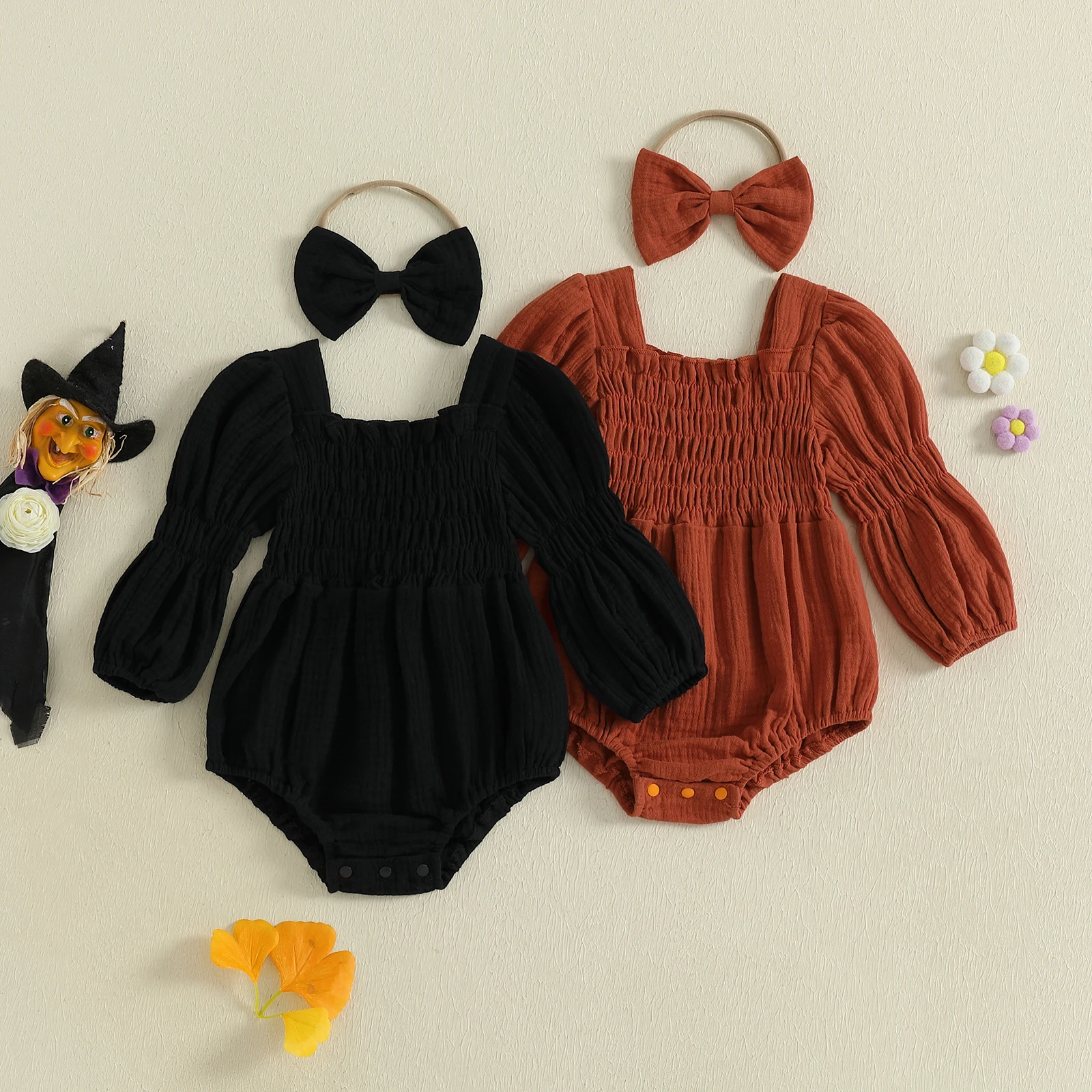Baby Girls Spring Bubble Cotton Jumpsuit with bow tie Long Sleeve Square Neck Solid Color Romper with Headband Baby Bodysuits