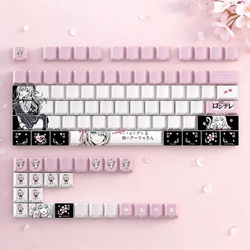 Anime Alya Keycaps PBT OEM Profile DyeSubbed 98 Keys Pink Black Custom Keycap Set for 60 65 68 75 87 Mechanical Keyboard