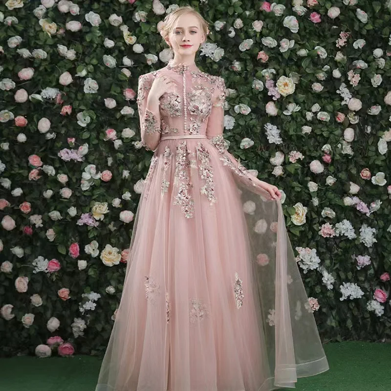 

Pink Evening Dress Exquisite Beading Embroidery Fairy Long Sleeves Floral Print Lace Up Back A-line Floor Length Party Prom Gown