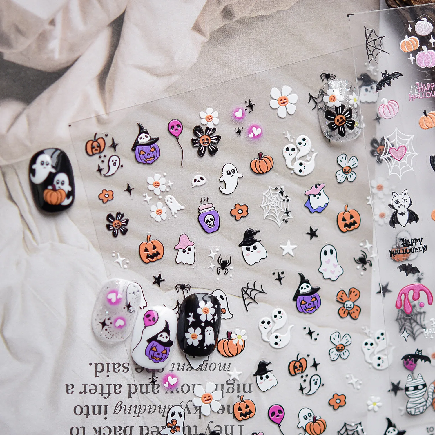 Halloween Nail Art Stickers 5D Embossed Cute Pink Pumpkin Head Ghost Nail Decorations Stickers DIY Self Adhesive Manicure Decals