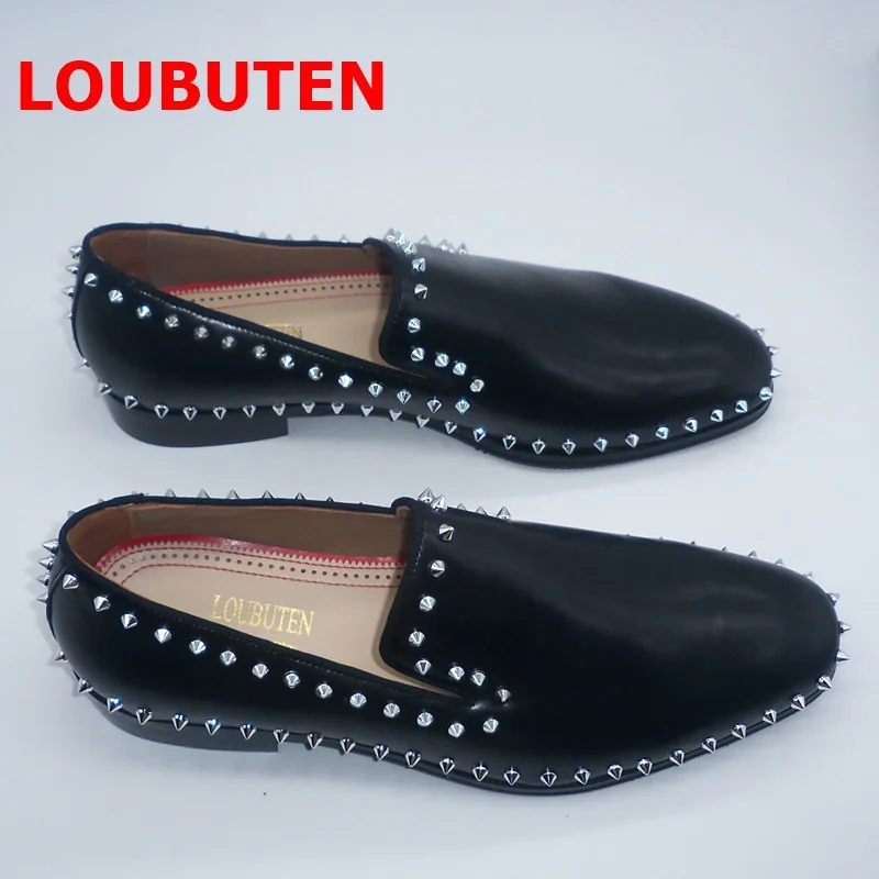 LOUBUTEN Genuine Leather Shoes Men Spiked Loafers Luxury Handmade Red Bottom Shoes Mens Dress Shoes Slip On Casual Shoes