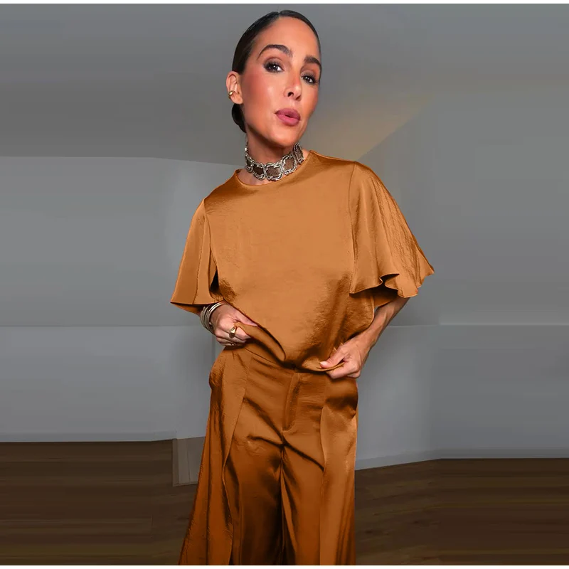 O-Ausschnitt Kurzarm Plissee-Oberteil Hosen-Sets Damen Streetwear Einfarbige Lose Blusen-Oberteile Unregelmäßige Weite Hosen Schicke Damen-Outfits – Detail 3