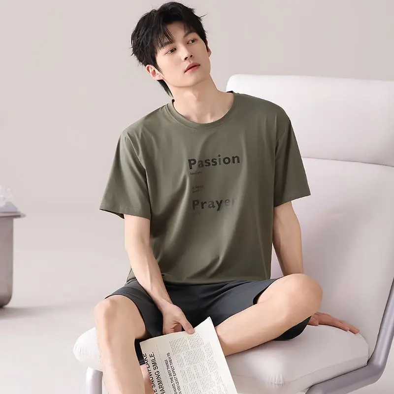 2026 Summer Plus Size  Short Sleeve 100% Cotton Pajama Sets for Men Korean Loose Sleepwear Pyjamas Homewear Lounge Home Clothes