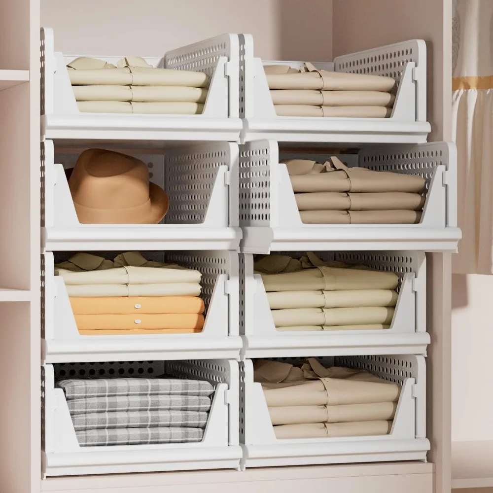 

Stackable Plastic Storage Basket Closet Organizer Bin Foldable Clothes Organizer Storage Drawer Shelf Container for Living Room