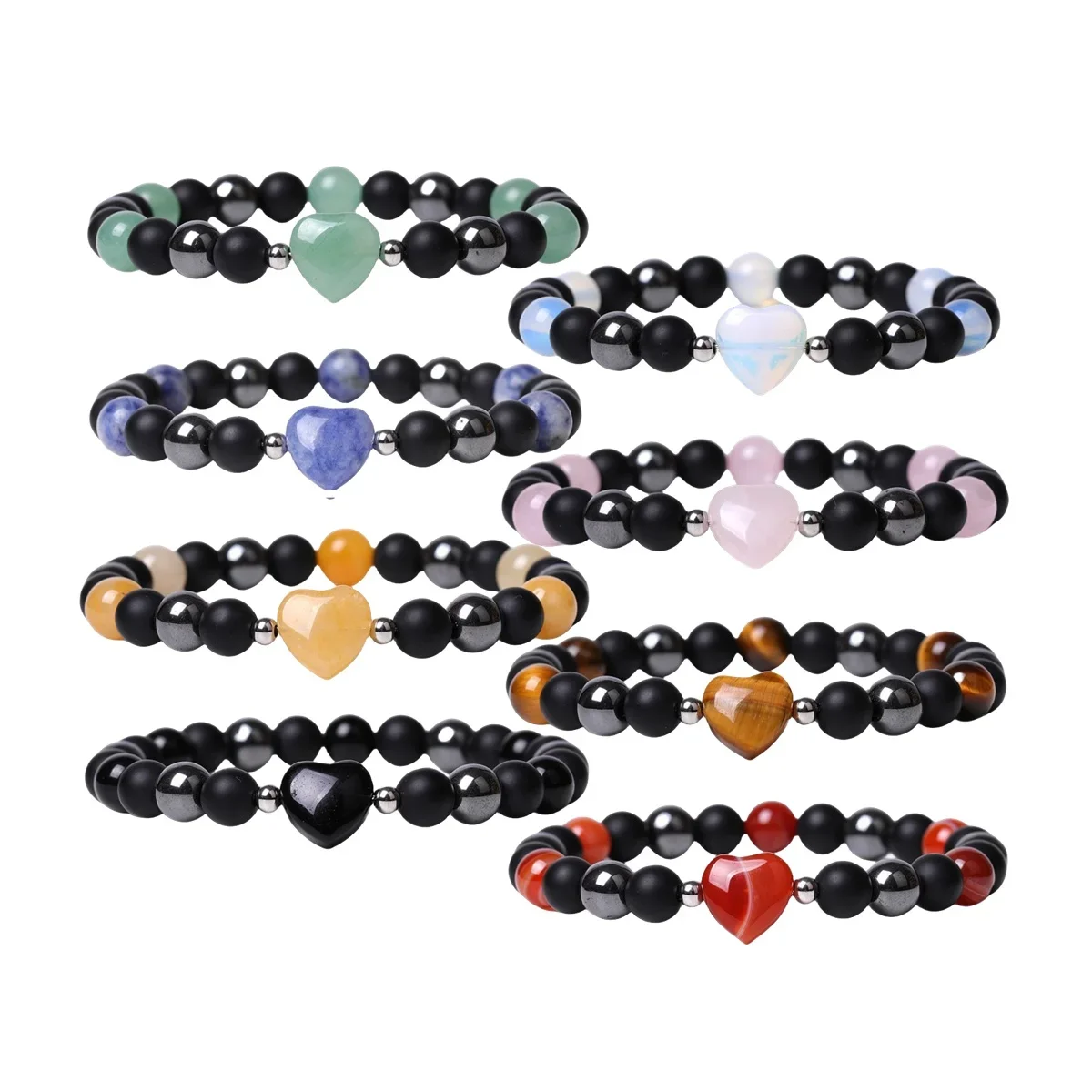 Healing Crystal Bracelet for Women Love Heart Charm 8MM Natural Stone Stretch Anti Anxiety Bracelets  for Women Men Friends