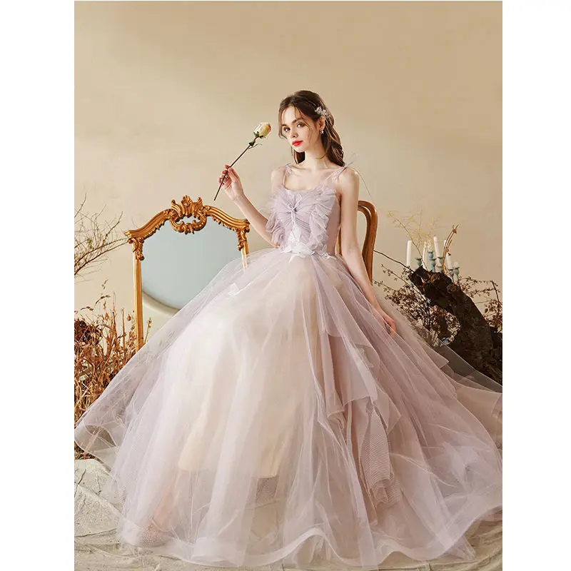 Dream สีม่วง Princess Prom Dress Ruffles Tulle สายสปาเก็ตตี้สายคล้อง Appliqued ชุดราตรีอย่างเป็นทางการ Robe De Mariée