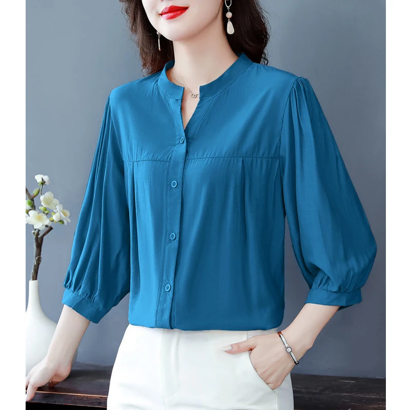 Simple Casual Loose Solid Three Quarter Sleeve Button Up Shirt 2023 Spring Summer Elegant Fashion V Neck Top Blouse Women Blusas