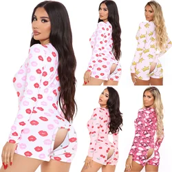 Heziowyun Frauen sexy hohe Taille funktionelle geknöpfte Klappe Onesies Casual Pattern Print Stram pler Langarm Spiel anzug Homewear