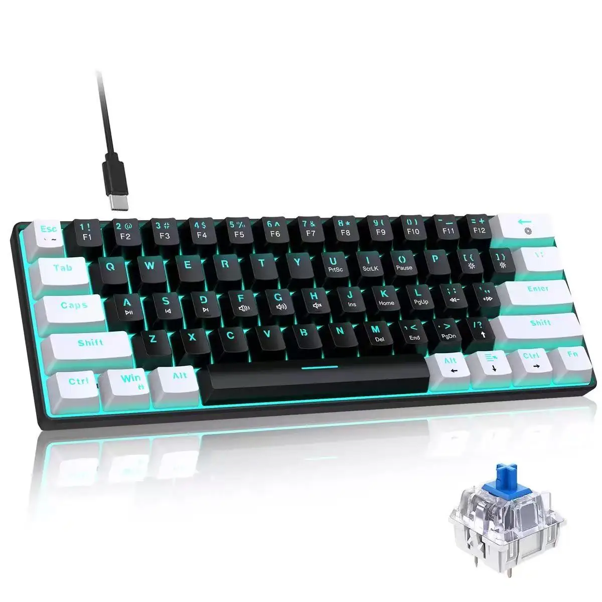 

60% Mechanical Keyboard, Gaming Keyboard With Blue Switches And Sea Blue Backlit Small Compact