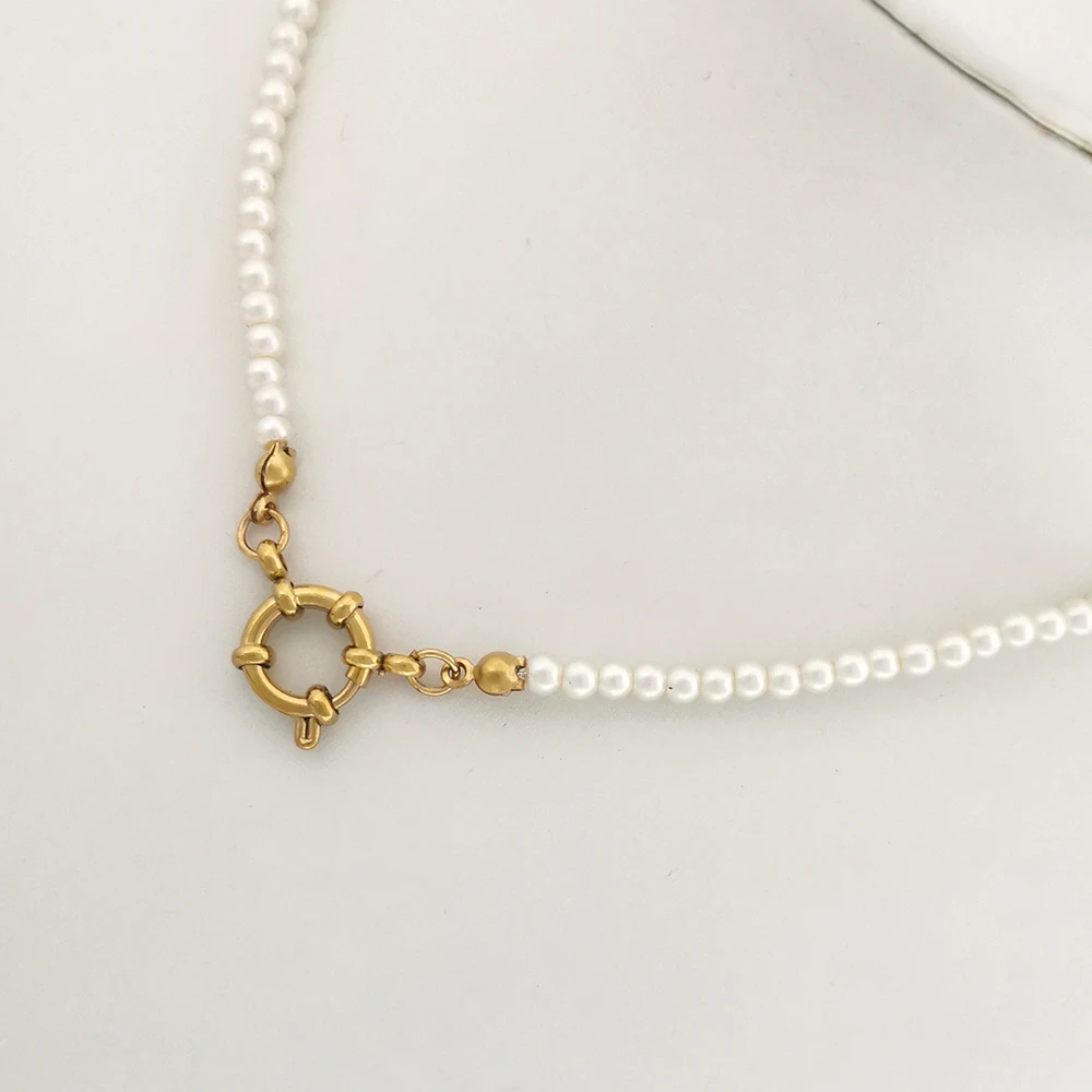 QMHJE Boho Imitation Pearl Necklace Women Choker Stainless Steel Clasp Sailor Buckle DIY Base Chain Beach Gold Color Wholesale