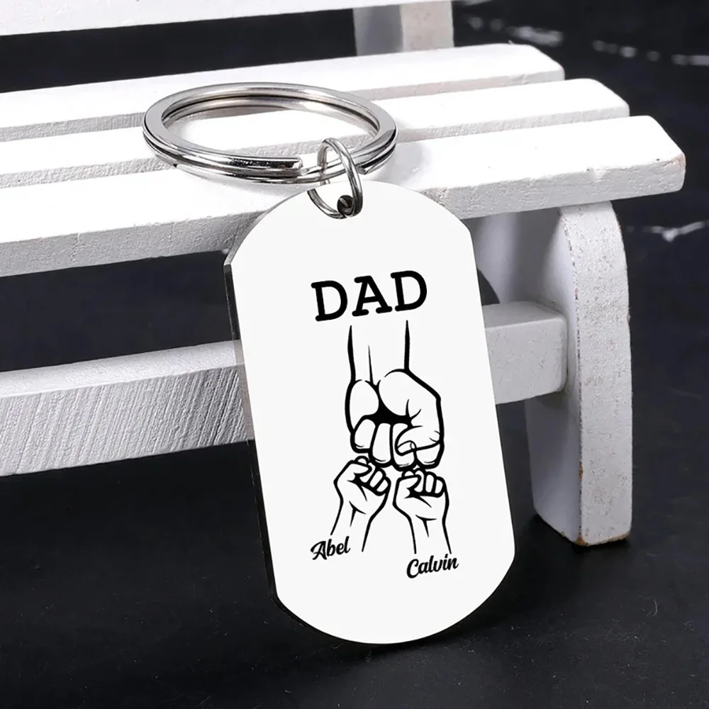 Personalized Dad Keychain Customized Carving of Dad and Child's Names Stainless Steel Keychain with Multiple Names Gift for D