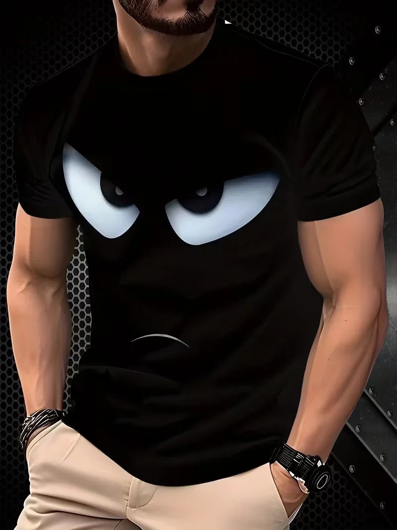 Mens T-shirt minimalist black line funny facial expression print short sleeve crew neck loose everyday fashion tee
