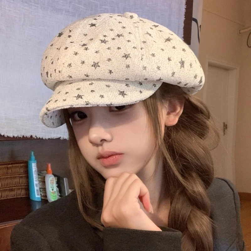 

New Japanese Literary Star Design Octagonal Hats Women Spring Autumn Thin Breathable Versatile Fashion Show Face Small Berets