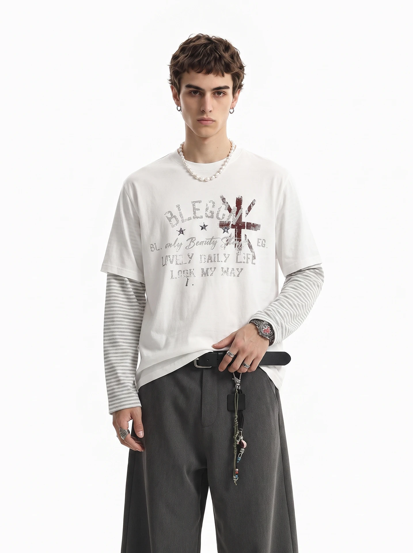 Vintage American High Street Style Men's Long Sleeve T-Shirt with Print Loose Fit Fake Two-Piece Top for Autumn Season