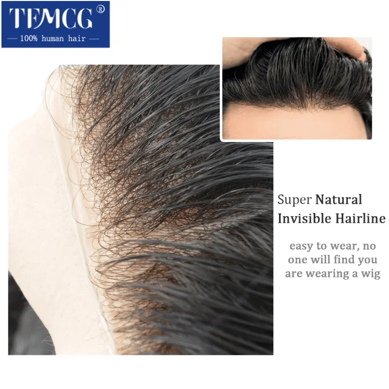 الرجال الشعرية الاصطناعية 0.02-0.03 مللي متر رقيقة الجلد الذكور الشعر الاصطناعية 100% شعر الإنسان شعر مستعار للرجال نظام استبدال الباروكات للرجال #4
