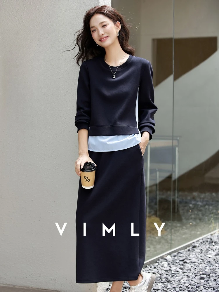 

VIMLY Elegant Woman Navy Blue Skirt Sets Spliced Round Neck Sweatshirt Midi Skirt Autumn 2025 Casual Ladies Two Piece Sets A2883