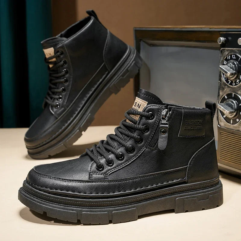 Retro Design Ankle Boots For Men Autumn Winter Platform Short Boots Man Leather Boots Comfy Non-slip High Top Men's Work Shoes