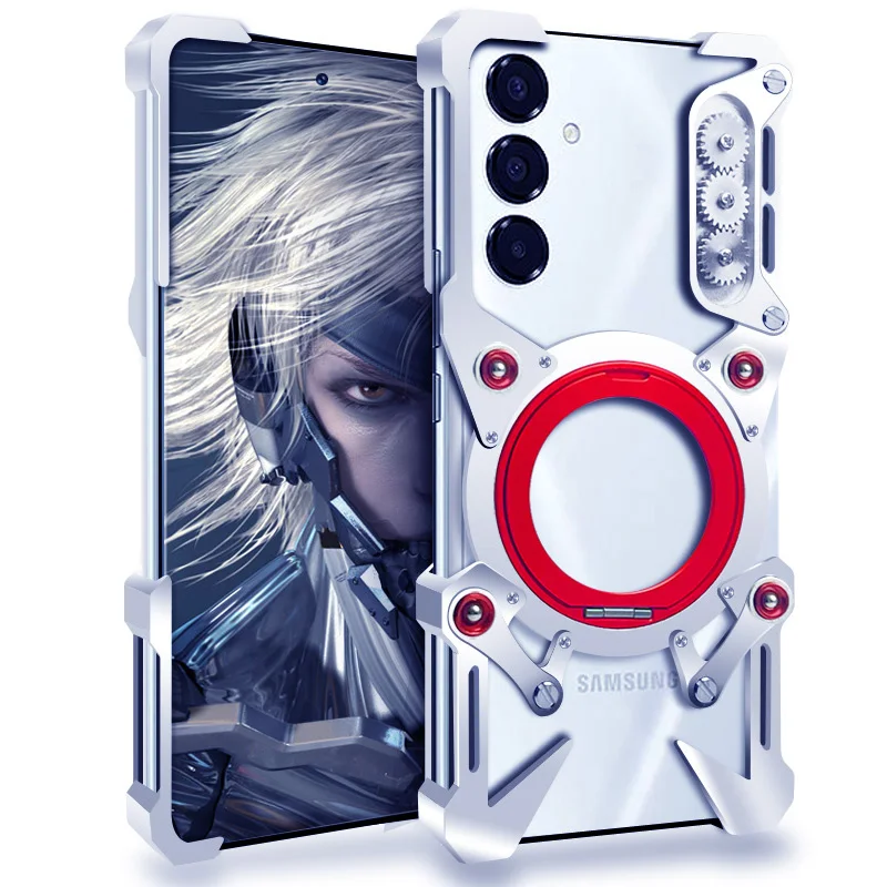 

Luxury Armor Metal Aluminum Phone Bumper For Samsung Galaxy M15 M35 M36 M56 M55 M55S Cover Mechanical Purely Handmade Skull Case