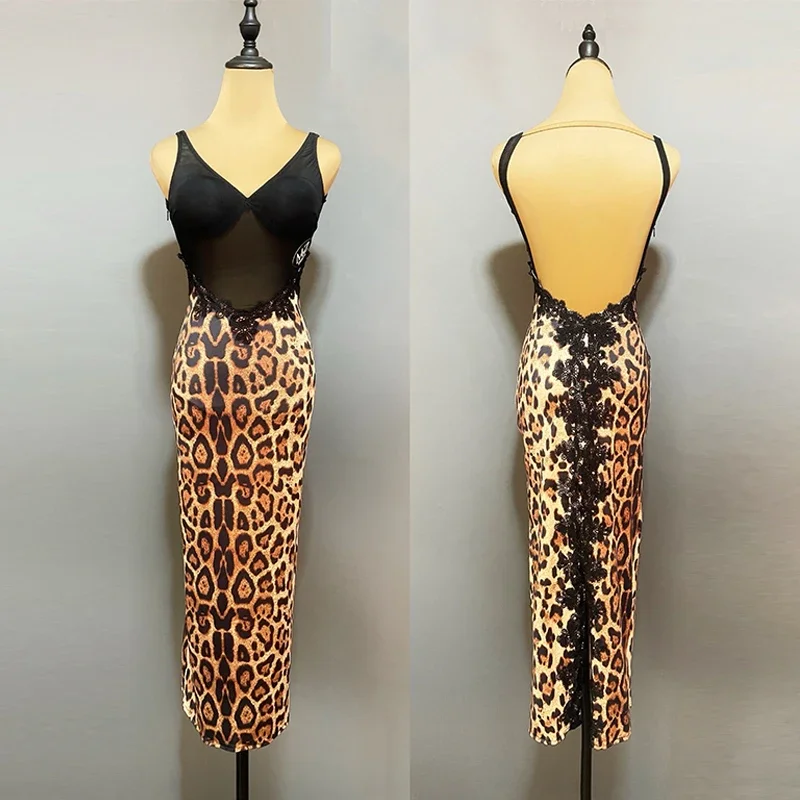 Sexy Backless Latin Dance Dress Women Leopard Samba Dancer Stage Costume Adult ChaCha Dancing Performance Clothes DL11610