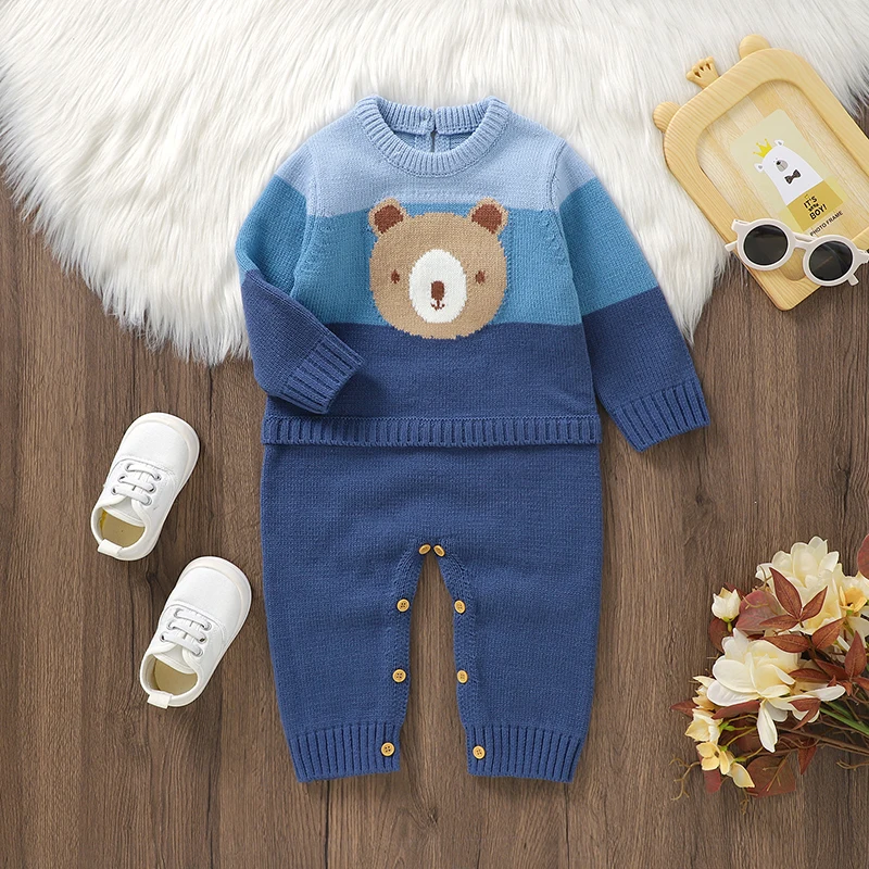 Cute Teddy Bear Long Sleeve O-neck Knitted Acrylic Newborn Infant Boys & Girls Winter Rompers Blue 0-18M Baby Bodysuit Jumpsuit