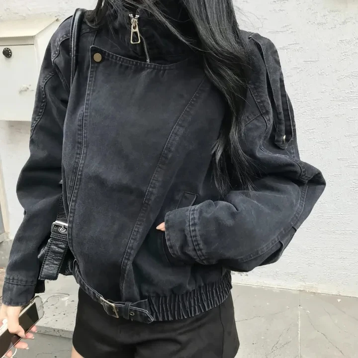 Retro Stand Collar Motorcycle Jacket New Small Design Heavy Fashionable Cotton Denim Women's Outerwear Long Sleeve Zipper Clo...
