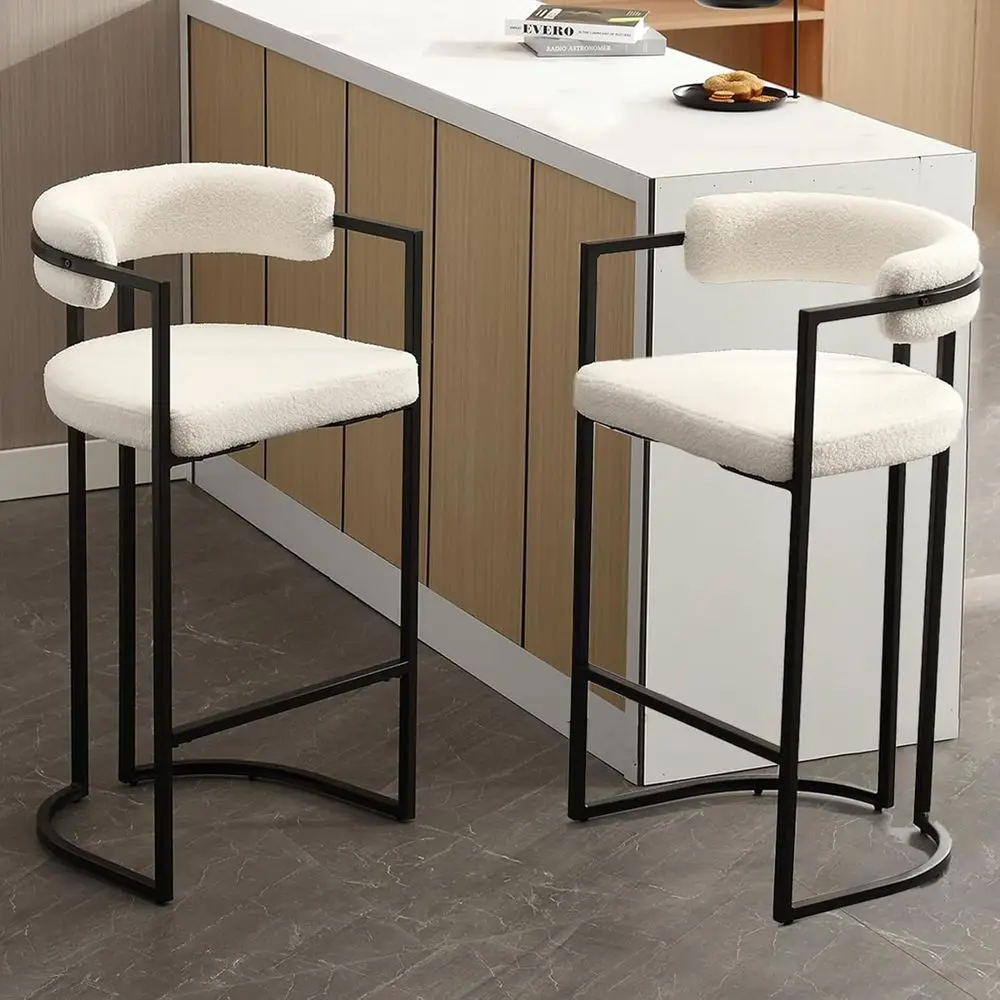 

Set of 2 White Upholstered Sherpa Bar Stools with Comfortable Backs for Kitchen Island or Dining Room/Bar