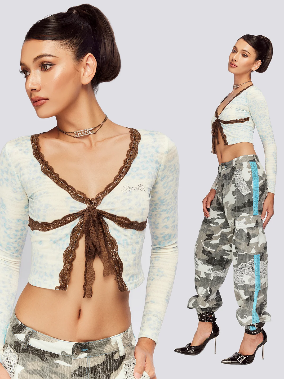 

JYOSEI Blue Leopard Print Patchwork Brown Lace Belted V-Ne ort Top Slim Fit Base irt Street Sle Women's Knittedwear