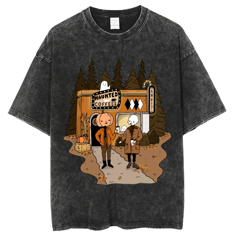 Halloween Pumpkin Print Spoof T-Shirt Ladies Washed Oversized Stretch Short Sleeve Arajuku Style American Vintage Top