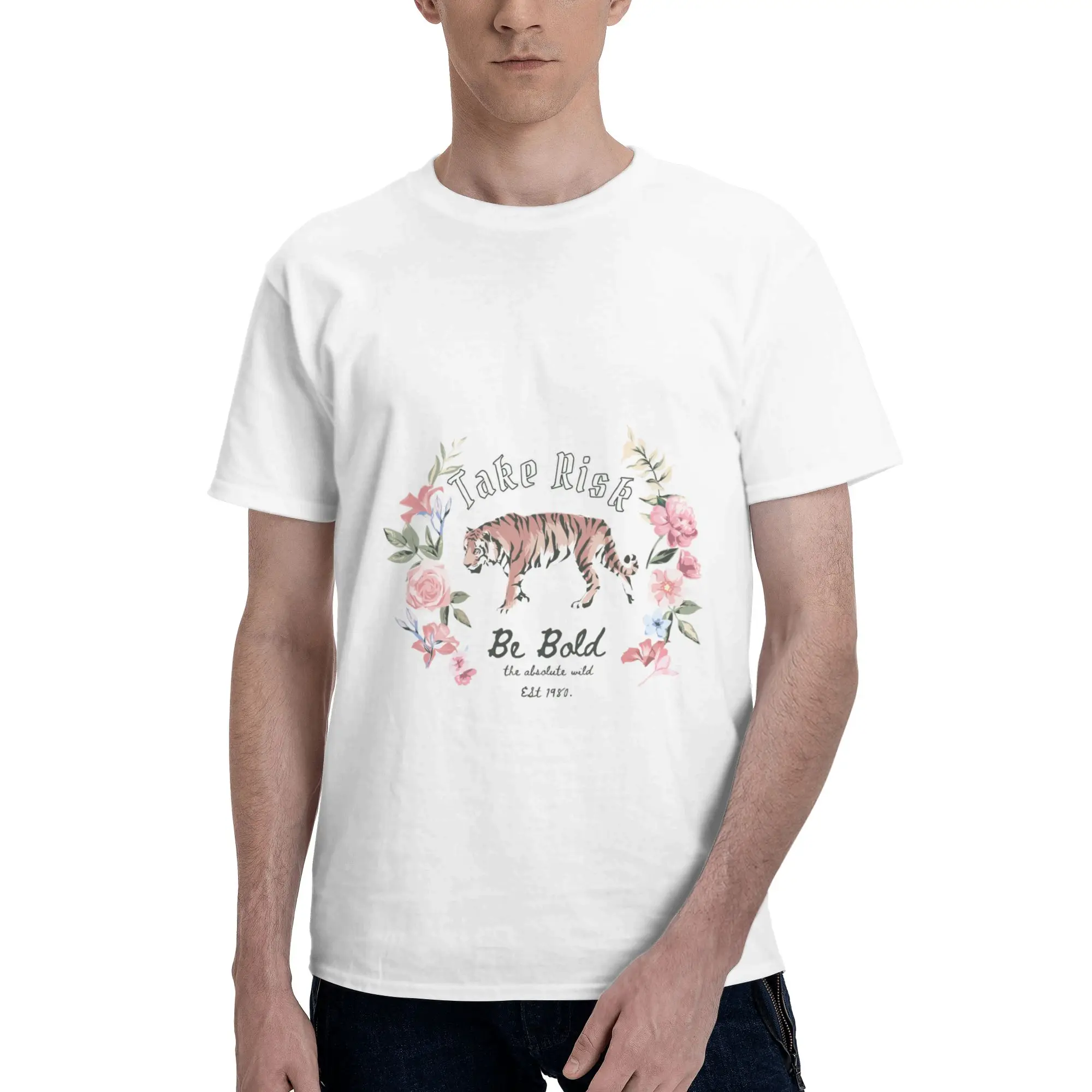 Take Risks Tiger With Flowers Print Men T-Shirt Clothes  Tee Shirt Short Sleeve fugees Cotton