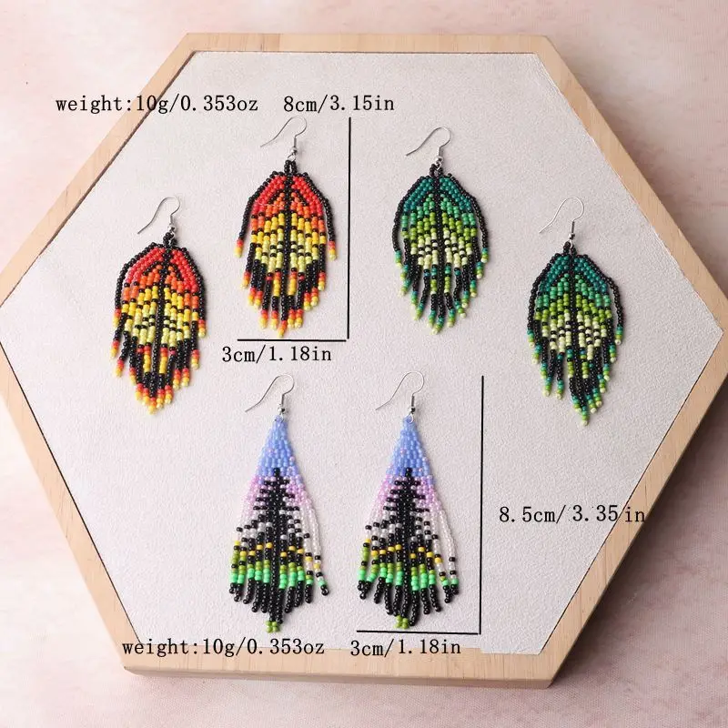 Bohemia Rice bead earrings Colour Leaf Tassels Hand weaving Alloy Female Personality Simplicity Ethnic style Beaded earrings