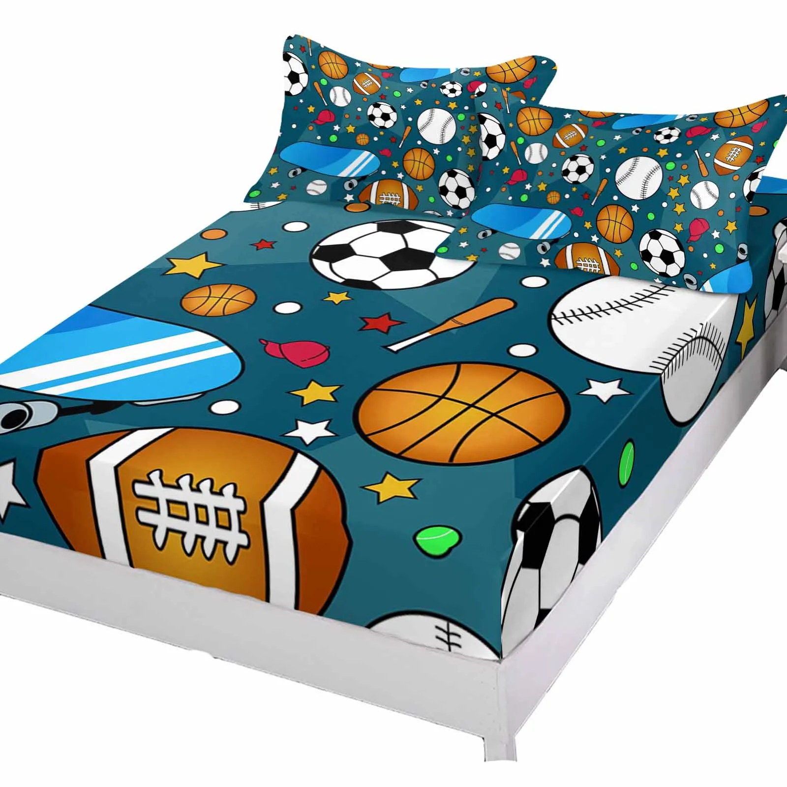 Cartoon Basketball Football Rugby Stars Fitted Sheet Mattress Cover Four Corners Elastic Band Bed Sheet With Pilllowcase