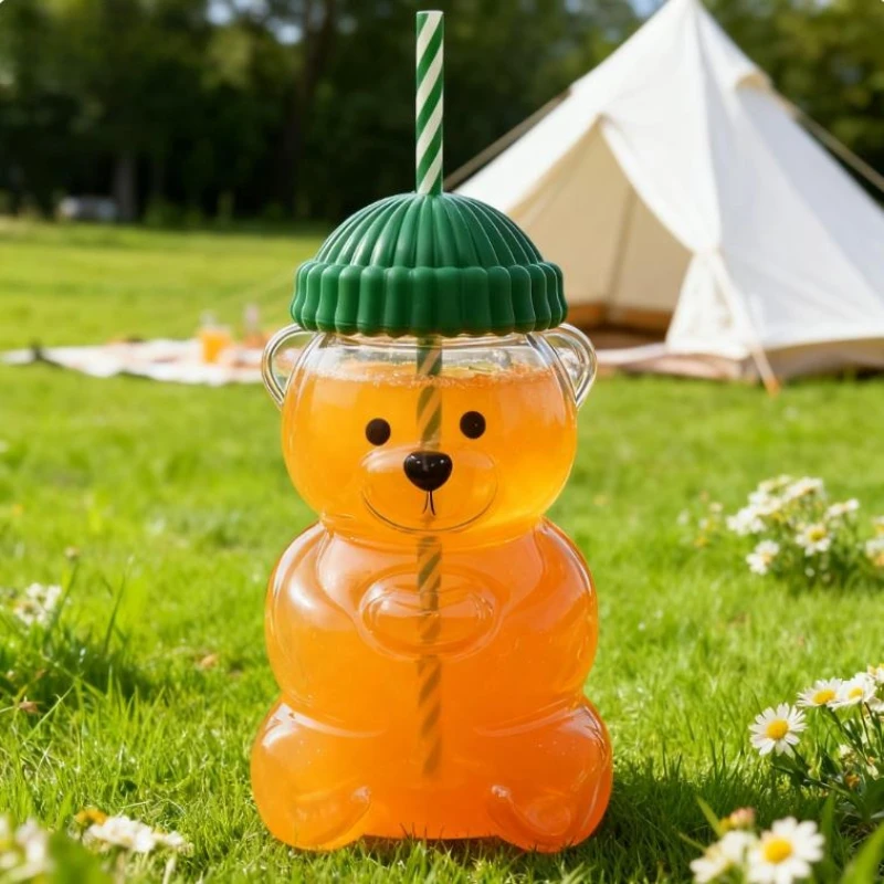 كوب زجاجي على شكل دب سعة 500 مل مع غطاء وقش مخطط، كوب شرب شفاف، مناسب للعصير والماء والقهوة المثلجة