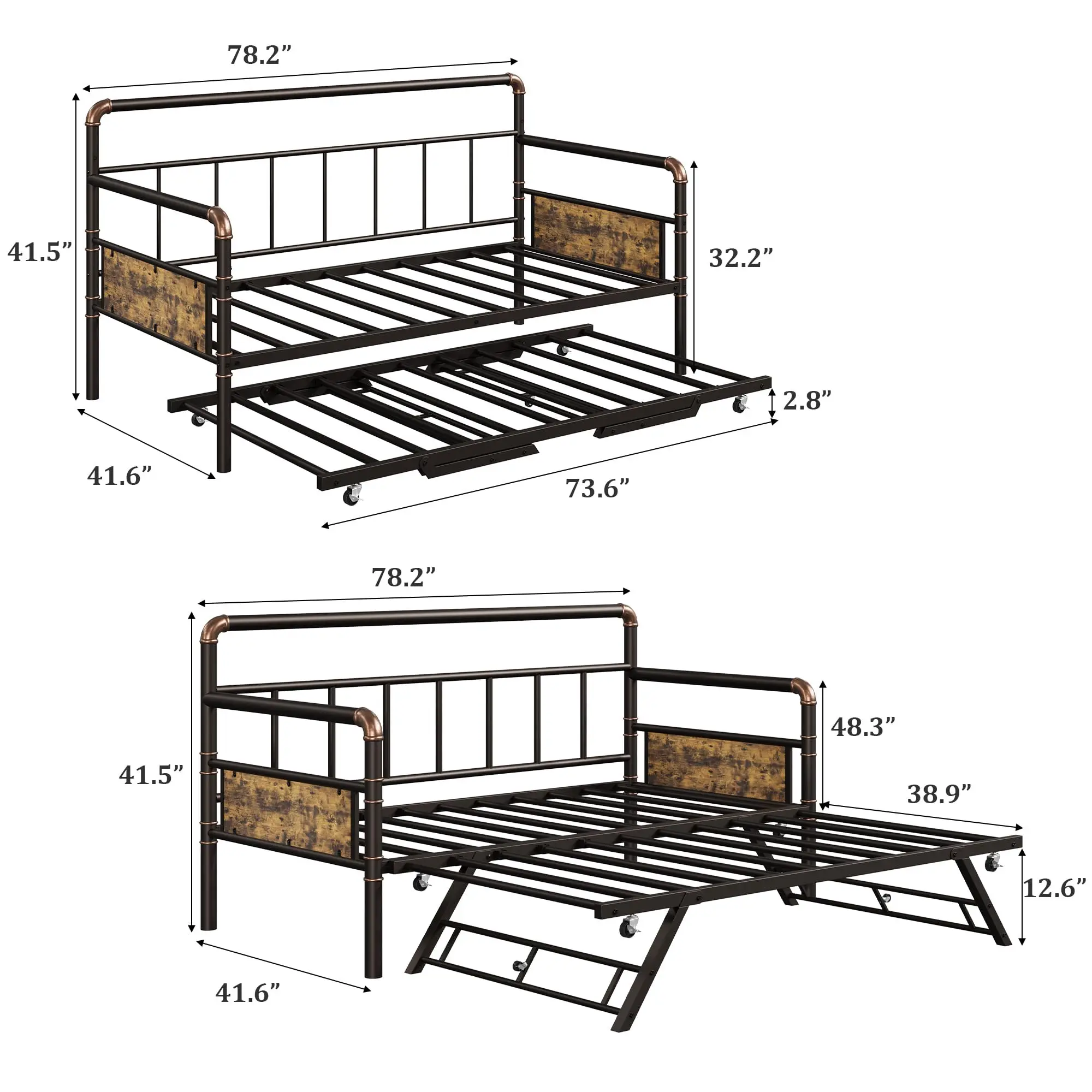Daybed with Trundle, Twin Daybed with Pop Up Trundle Set,Brown