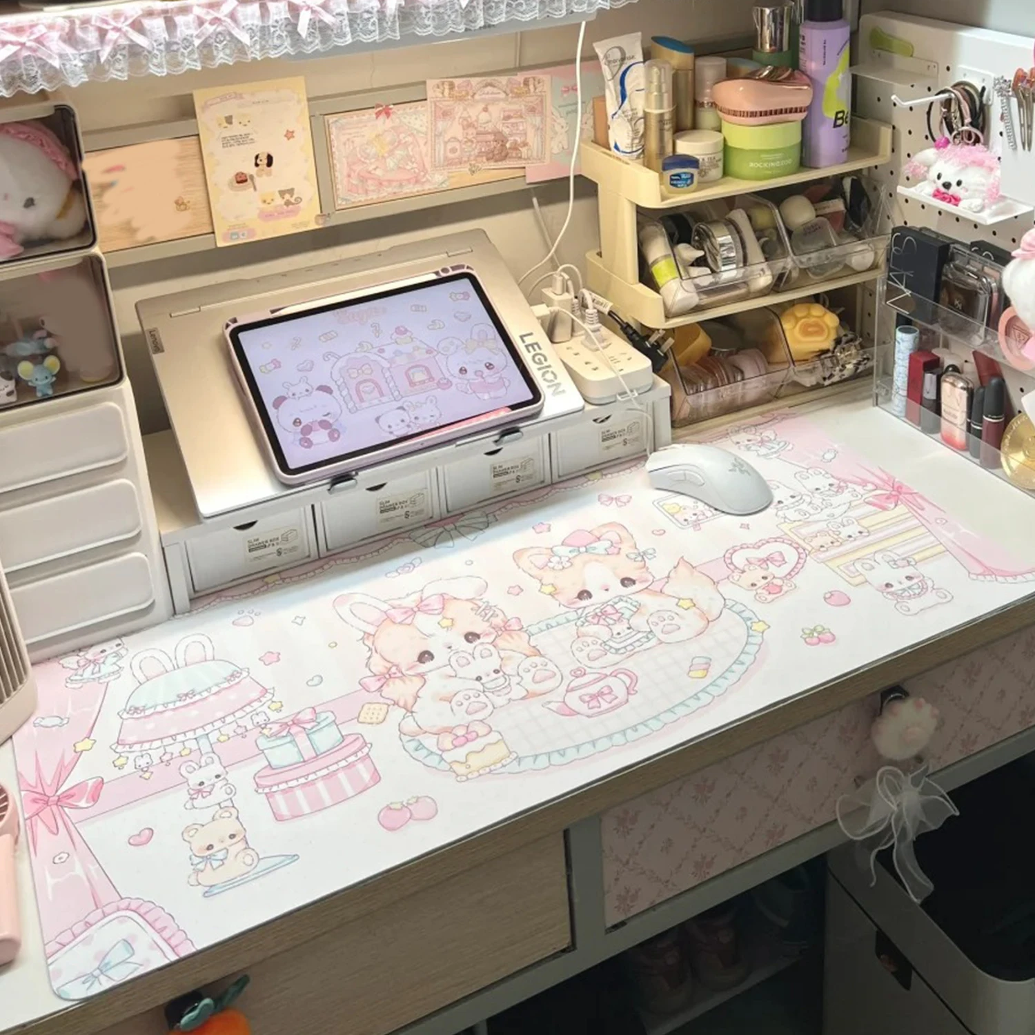 Pink Bunny Room Original PU Leather Mouse Pad | XXL Kawaii Waterproof Non-Slip Study Office Desk Mat for Girls