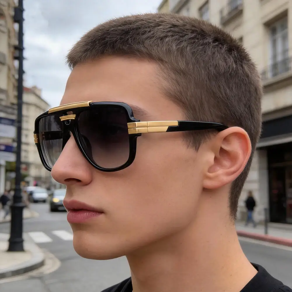 Retro Herren Quadratische Großrahmige Sonnenbrille mit Flachem Oberteil und Doppelbrücke im Piloten-Stil, Punk-Sonnenbrille für Damen, Party- und Reise-Eyewear UV400